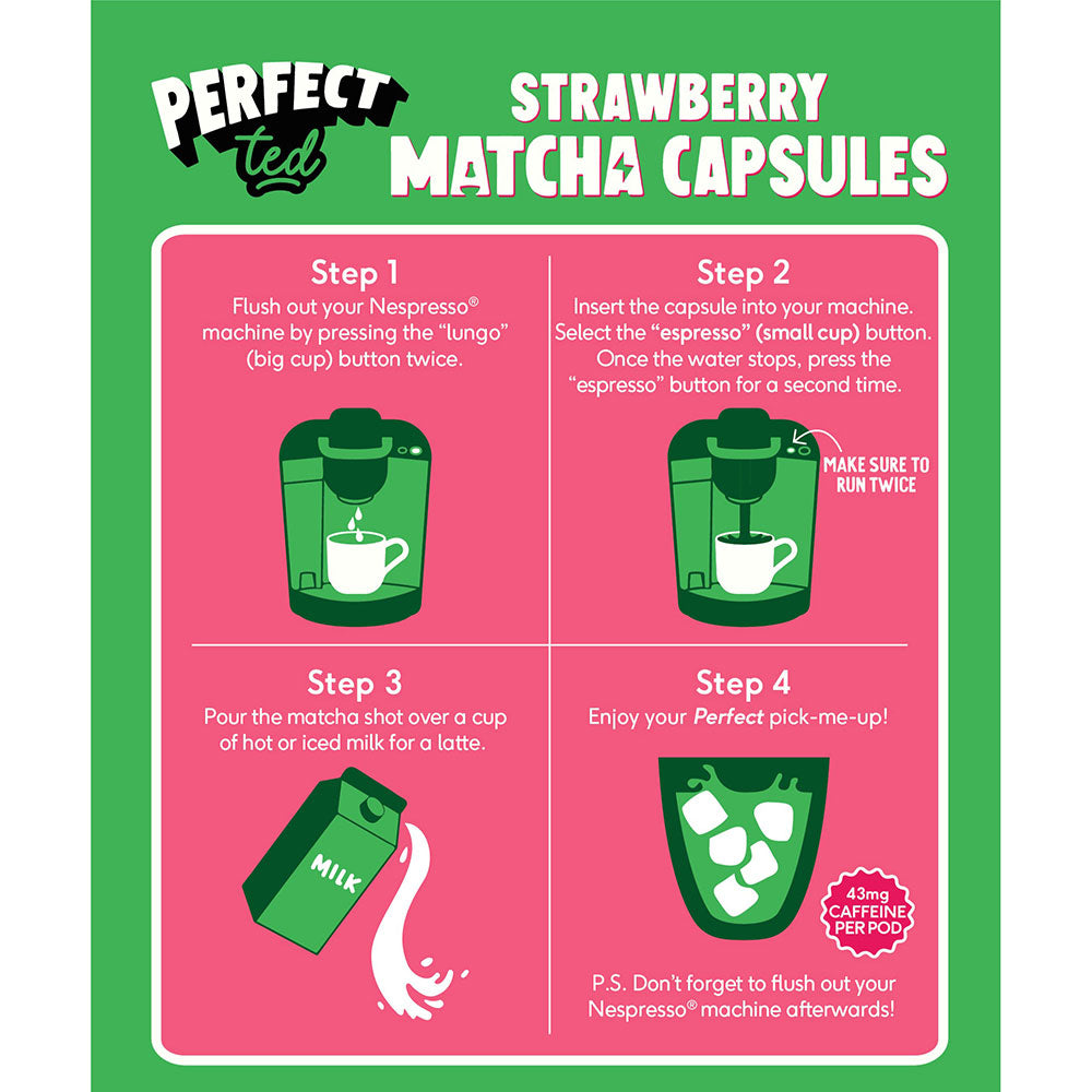 Herbalistas PerfectTed ceremonial strawberry matcha Nespresso capsules, 10 capsules, with fresh strawberry and matcha tea visuals.