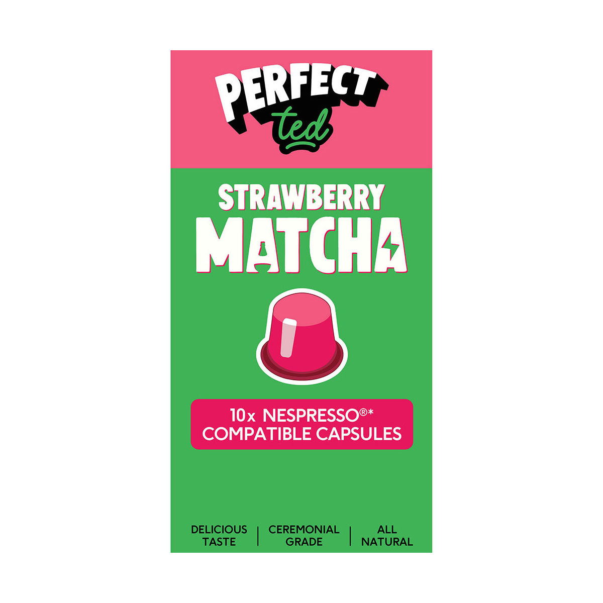 Herbalistas PerfectTed ceremonial strawberry matcha Nespresso capsules in a box, with one capsule visible in front.