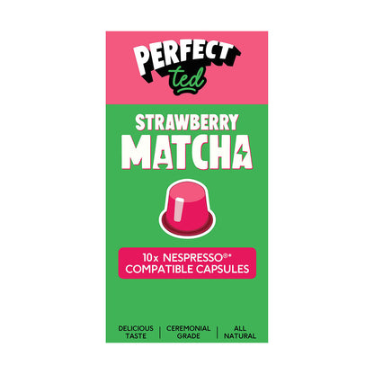 Herbalistas PerfectTed ceremonial strawberry matcha Nespresso capsules in a box, with one capsule visible in front.