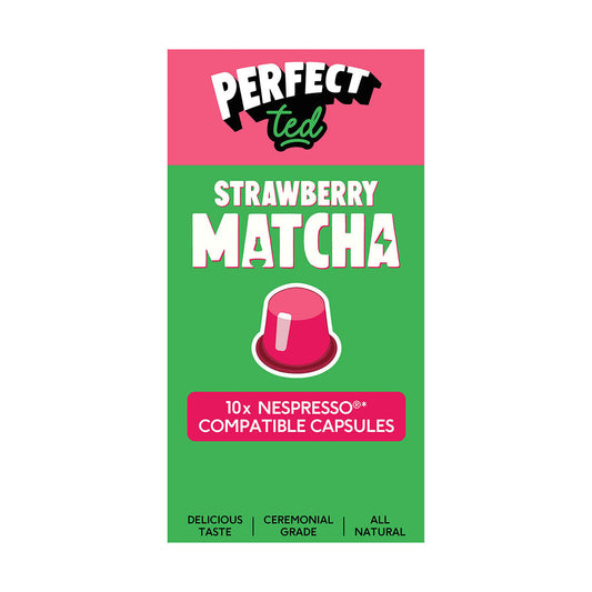 Herbalistas PerfectTed ceremonial strawberry matcha Nespresso capsules in a box, with one capsule visible in front.