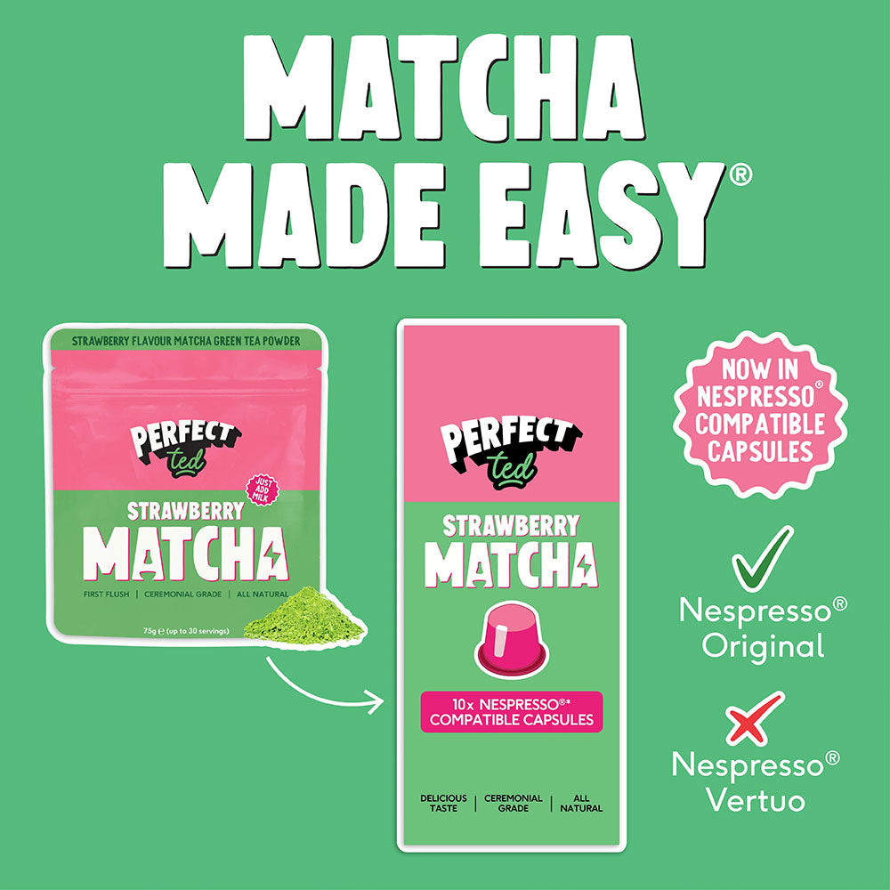 Herbalistas PerfectTed ceremonial grade strawberry matcha Nespresso capsules displayed in a row with fresh strawberries.