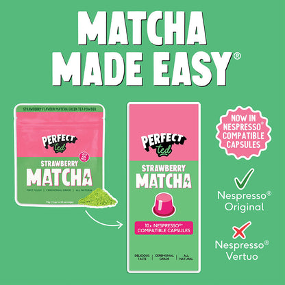 Herbalistas PerfectTed ceremonial grade strawberry matcha Nespresso capsules displayed in a row with fresh strawberries.