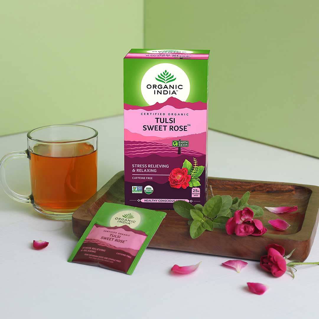 Organic India BIO Tulsi Sweet Rose Tea in 25 infusion bags, caffeine-free herbal tea with rose and tulsi leaves.