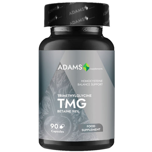 Bottle of Adams Supplements TMG (Trimethylglycine) 600mg capsules, 90 count, with label showing product details.