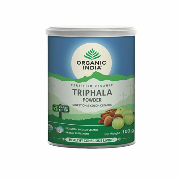 Green Life Cyprus Organic India BIO Triphala Powder 100g in a clear jar, showing the herbal powder inside.