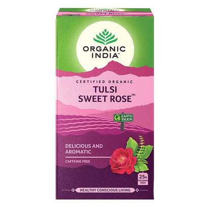 Organic India BIO Tulsi Sweet Rose herbal tea bags, caffeine-free, with fresh rose and tulsi leaves, in a box of 25 infusion bags.