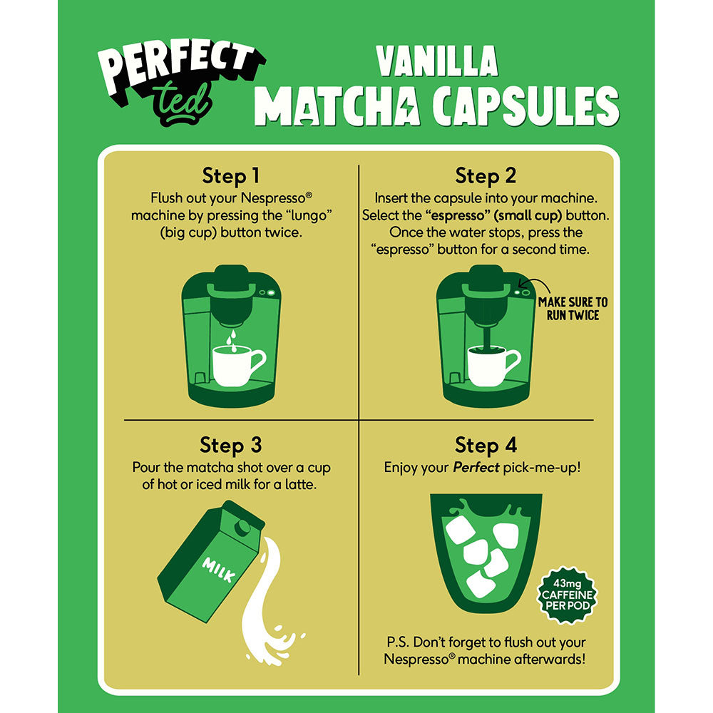 Herbalistas PerfectTed ceremonial grade vanilla matcha capsules for Nespresso, showing vanilla-flavored matcha powder in a jar.