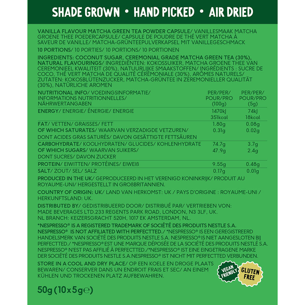 Herbalistas PerfectTed Ceremonial Grade Vanilla Matcha Nespresso capsules, shown with vanilla flavor details and capsule design.