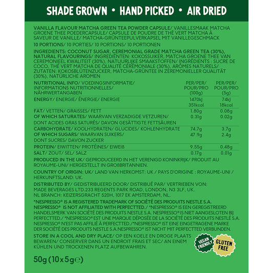 Herbalistas PerfectTed Ceremonial Grade Vanilla Matcha Nespresso capsules, shown with vanilla flavor details and capsule design.