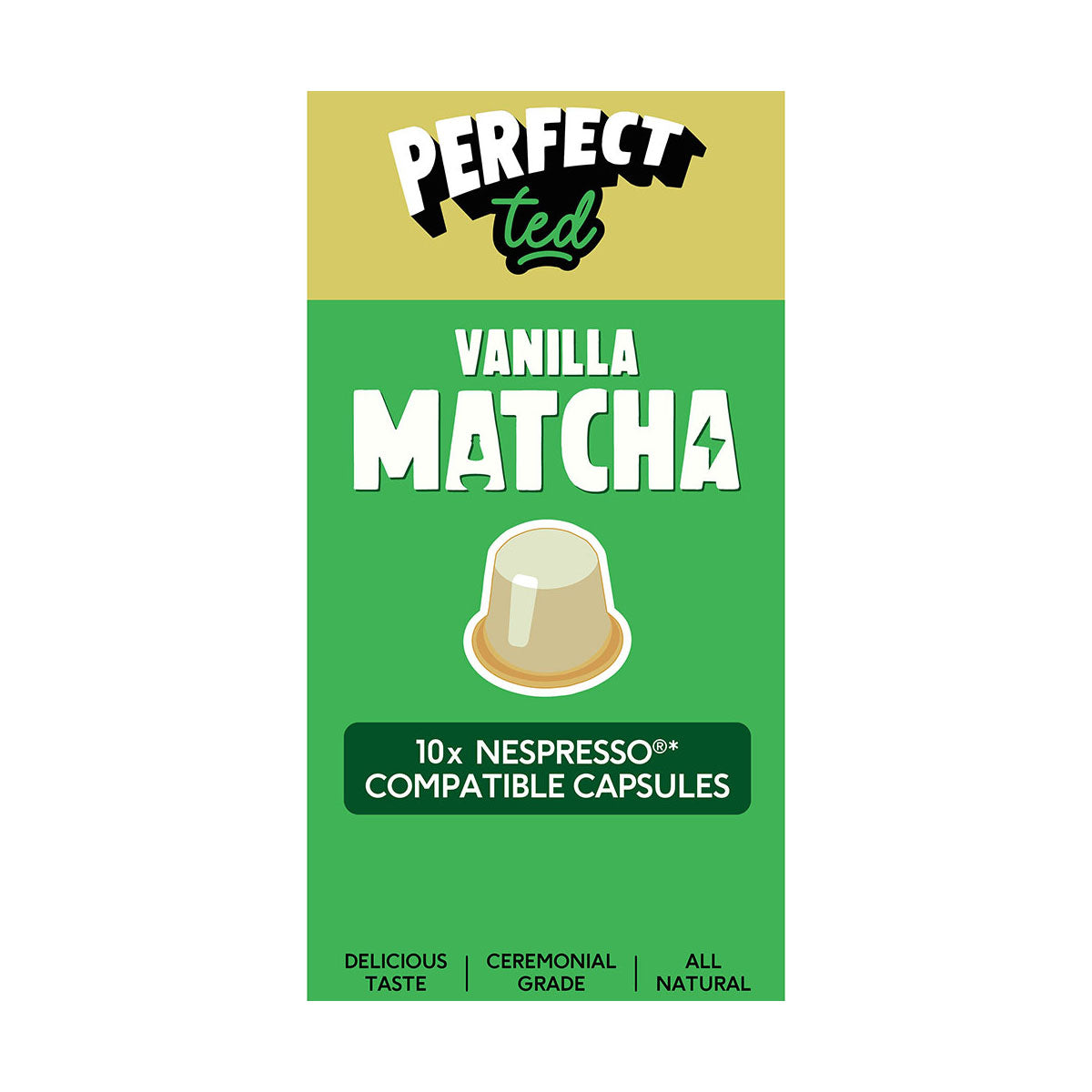 Herbalistas PerfectTed ceremonial grade vanilla matcha capsules for Nespresso, featuring a vanilla-flavored matcha powder in a capsule.