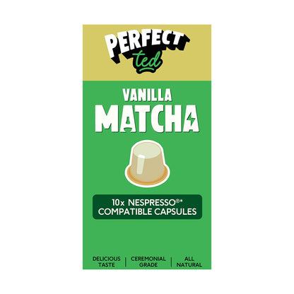 Herbalistas PerfectTed ceremonial grade vanilla matcha capsules for Nespresso, featuring a vanilla-flavored matcha powder in a capsule.