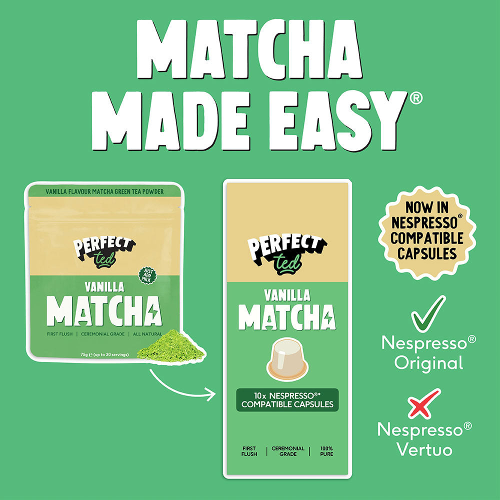 Herbalistas PerfectTed Vanilla Matcha Nespresso-compatible capsules, 10 capsules in a box, with green matcha powder and vanilla flavor.