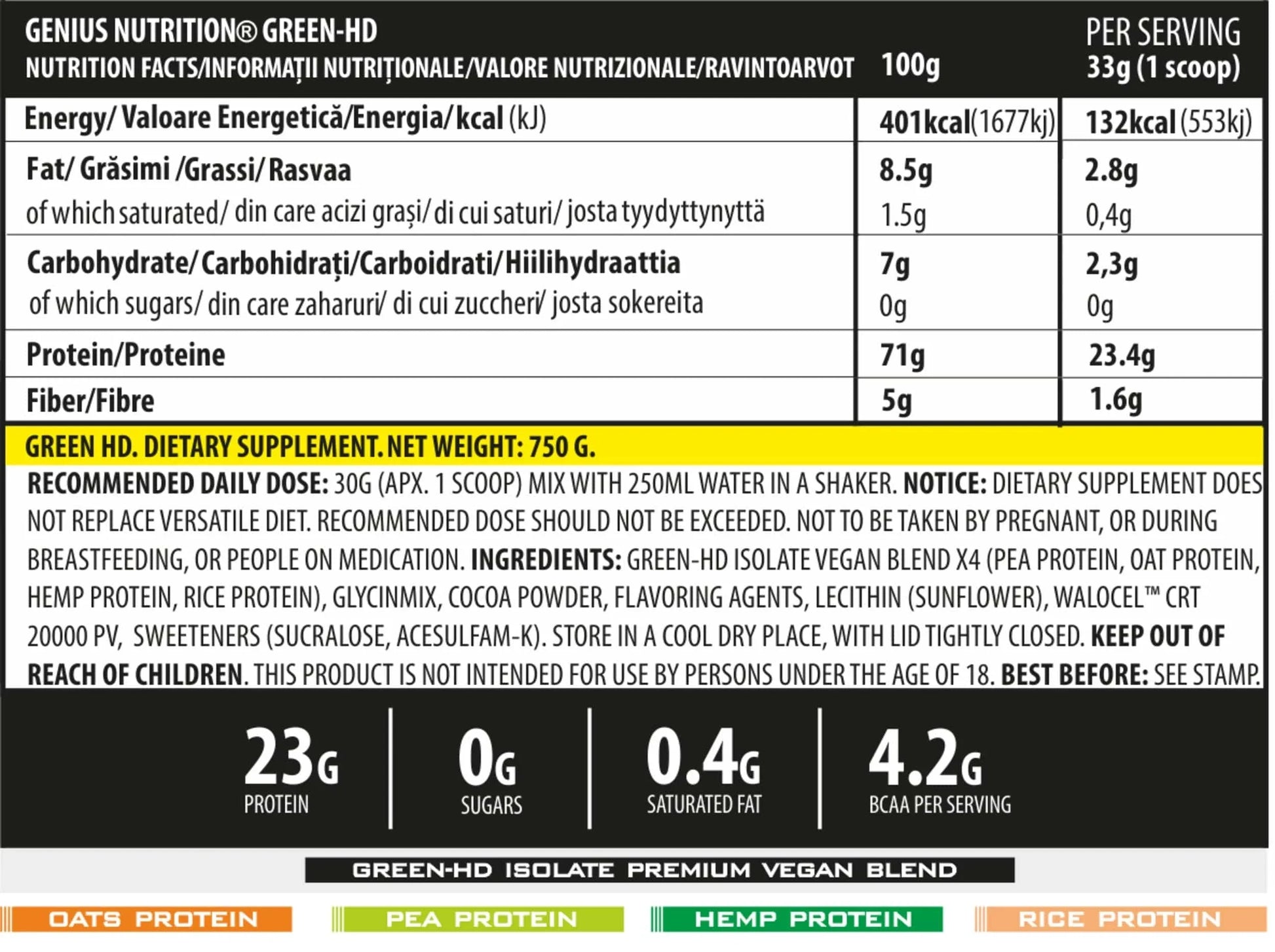 Vegan Protein Green-HD Genius Nutrition protein powder in 750g tub with green label and scoop, ideal for plant-based nutrition.