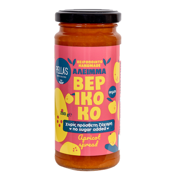 Pella's Delicacies Apricot Spread jar with a spoon, showcasing vibrant orange apricot preserves in a 280g container.