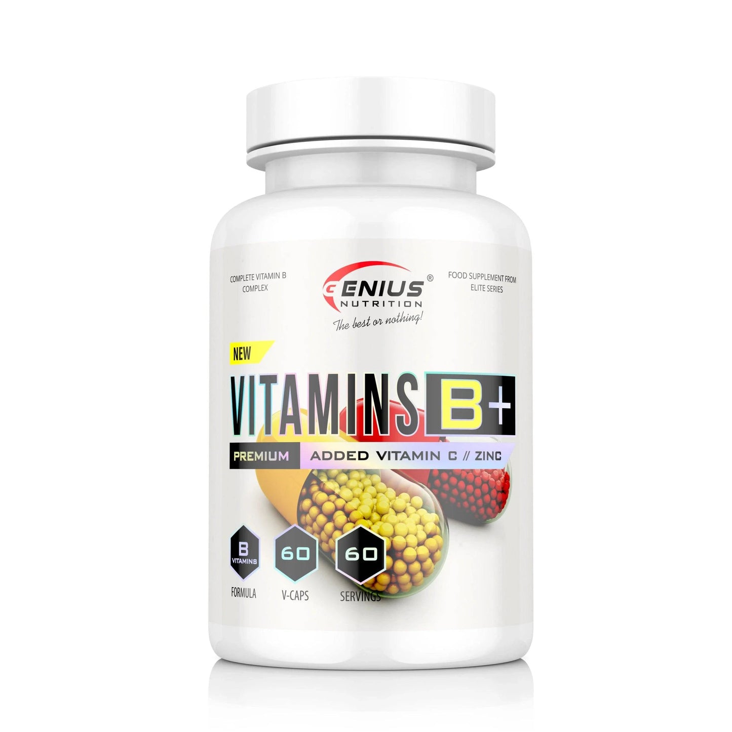 Genius Nutrition Vitamin B+ supplement with 60 capsules, showing the bottle and label on a white background.