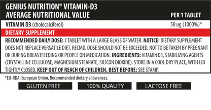 Genius Nutrition Vitamin D3 supplement bottle with 90 tablets, dietary supplement for immune support and bone health.