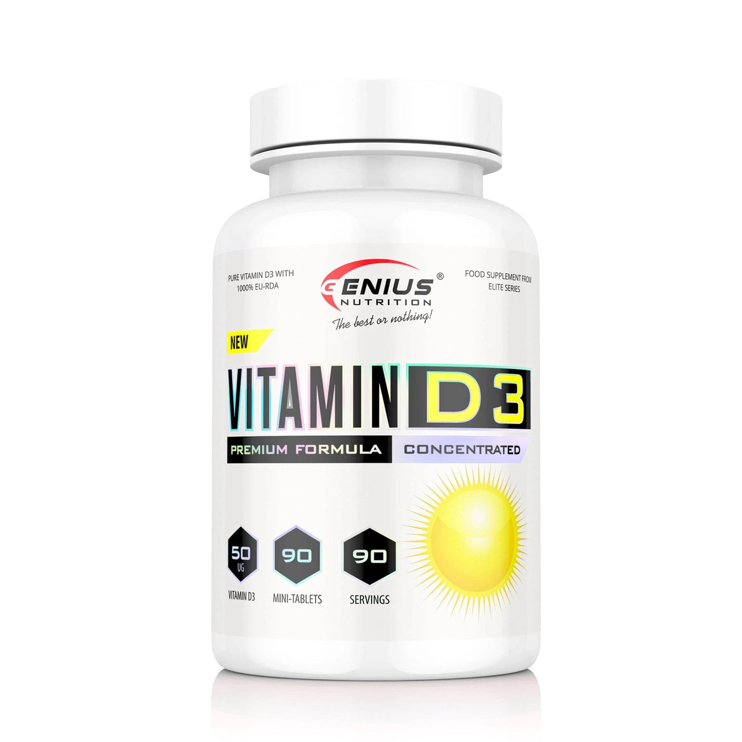 Genius Nutrition Vitamin D3 supplement bottle with 90 tablets, showing the label and product packaging.