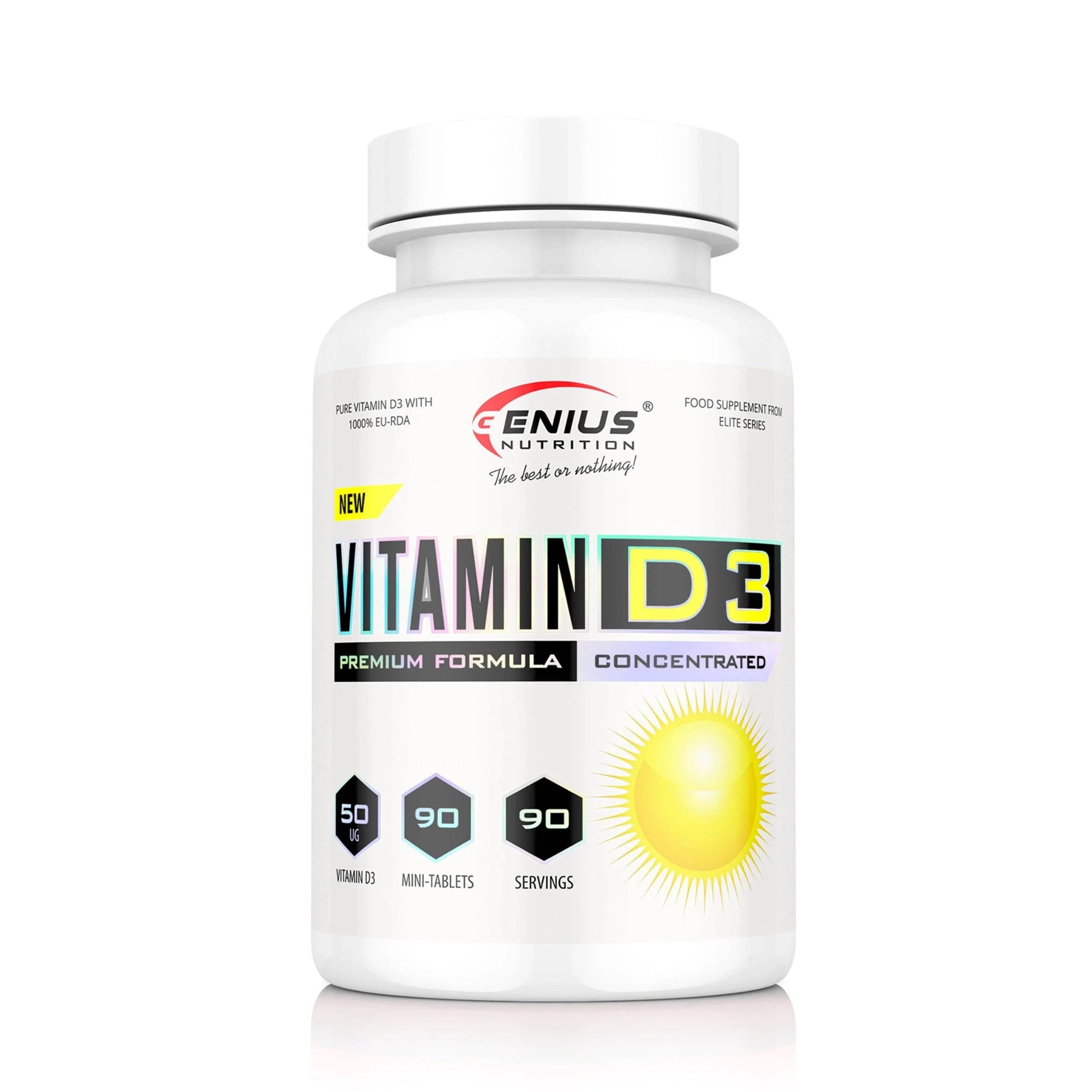 Genius Nutrition Vitamin D3 supplement bottle with 90 tablets, showing the label and product packaging.