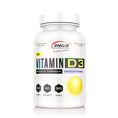 Genius Nutrition Vitamin D3 supplement bottle with 90 tablets, showing the label and product packaging.