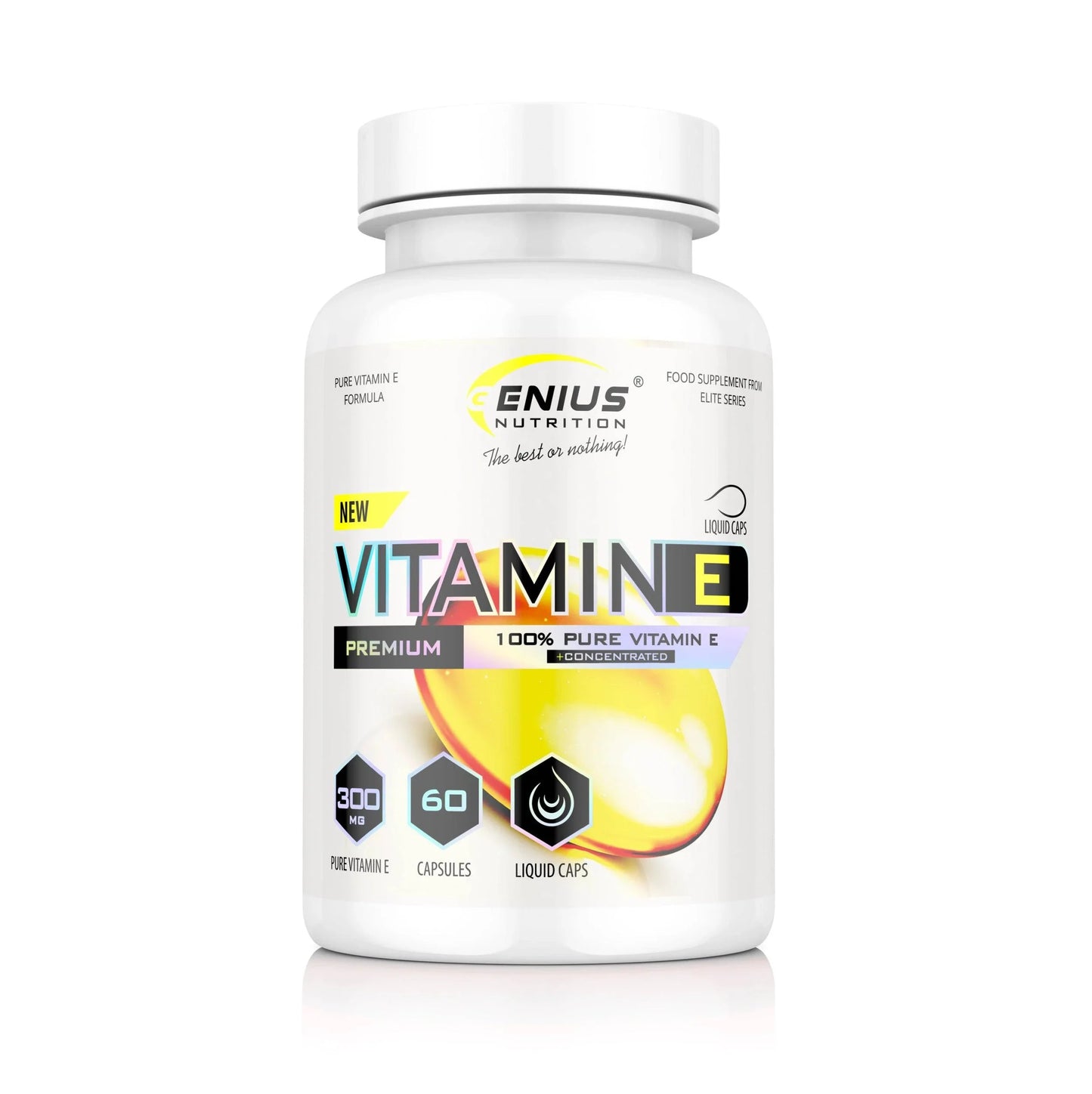 Genius Nutrition Vitamin E 60 liquid capsules supplement, showing the bottle with capsules inside, for skin and antioxidant support.