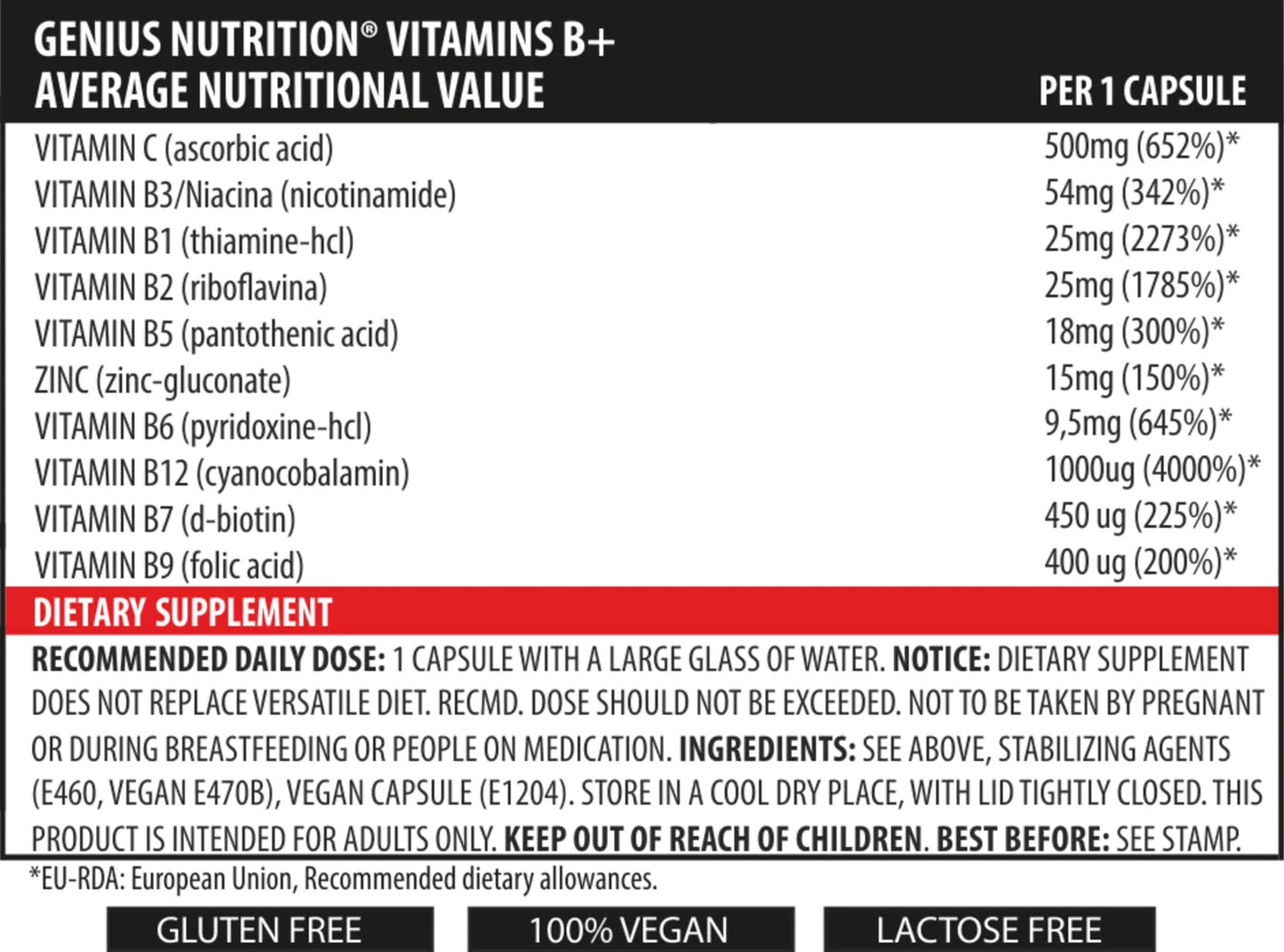 Genius Nutrition Vitamins B+ supplement in 60 capsules, dietary supplement for energy and overall health.