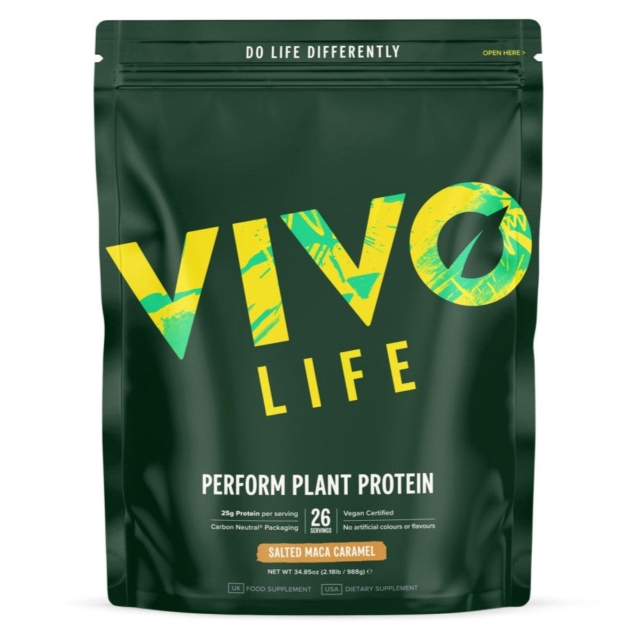 Large container of Vivo Life Perform Raw Plant Protein & BCAA powder with maca and caramel flavor, shown in the image.
