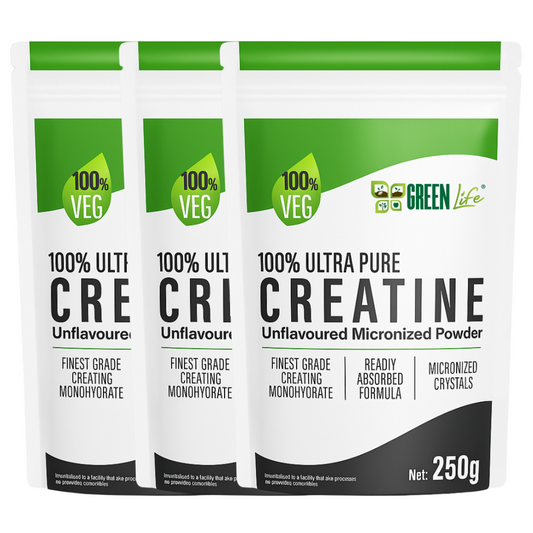 Green Life Cyprus 100% ultra pure creatine powder in a 250g container, shown with the product label and green packaging.