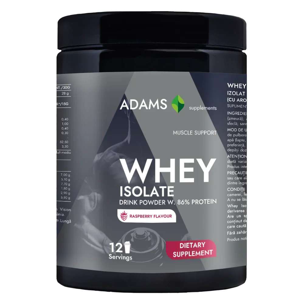 Whey isolate protein supplement in raspberry flavor by Adams Supplements, 360g jar with raspberry-flavored powder visible inside.