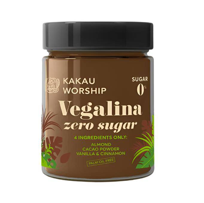 Kakau Worship Vegalina Zero Sugar spread in 200g jar, smooth vegan chocolate spread with no added sugar.