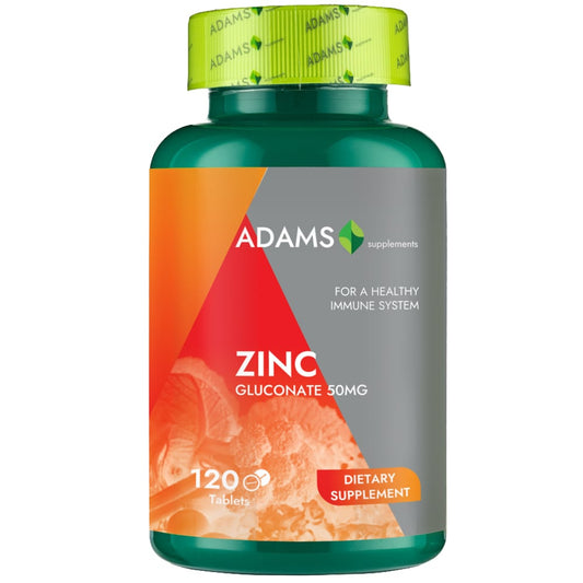 Adams Supplements Zinc 50mg supplement bottle with 120 capsules, showing the product label and capsules inside the bottle.